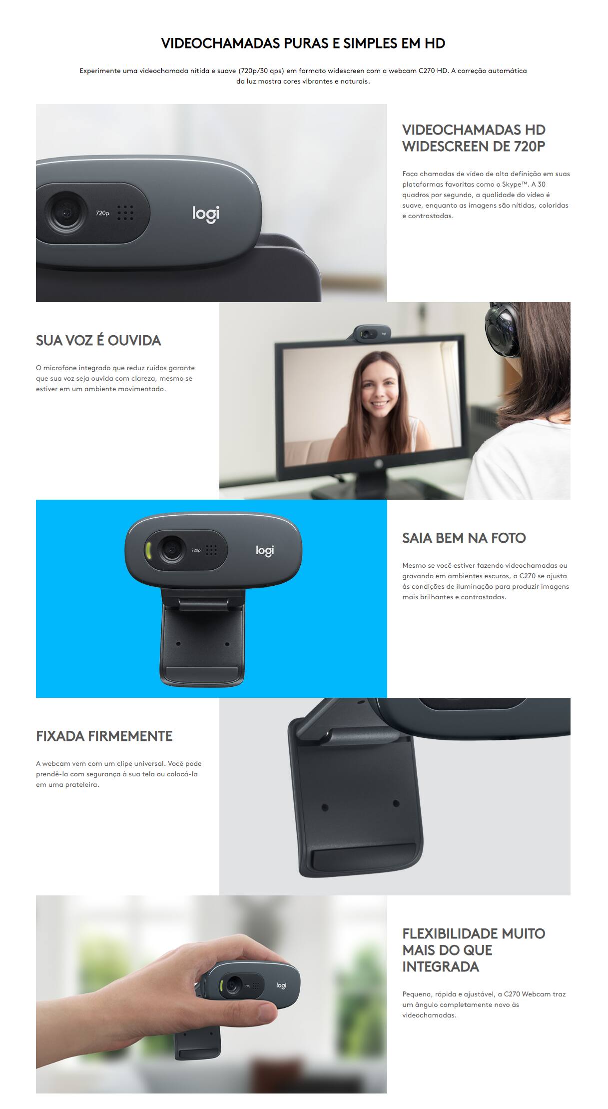 Webcam Logitech C270, HD 720p com Microfone Embutido e 3 MP para Chamadas e Gravações em Vídeo Widescreen