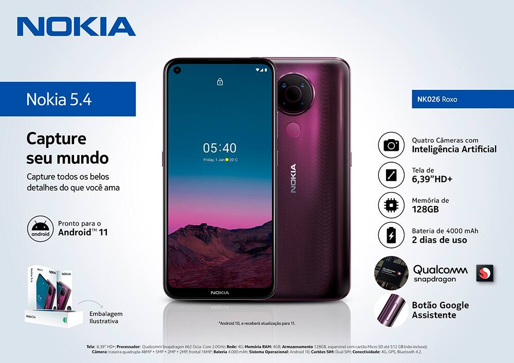 Smartphone Nokia 5.4, Android 10, 128GB de Armazenamento, Câmera Frontal de 16MP, Câmera Traseira Quadrupla de 48MP + 5MP + 2MP + 2MP, Tela de 6,39, Roxo, NK026, Nokia -
