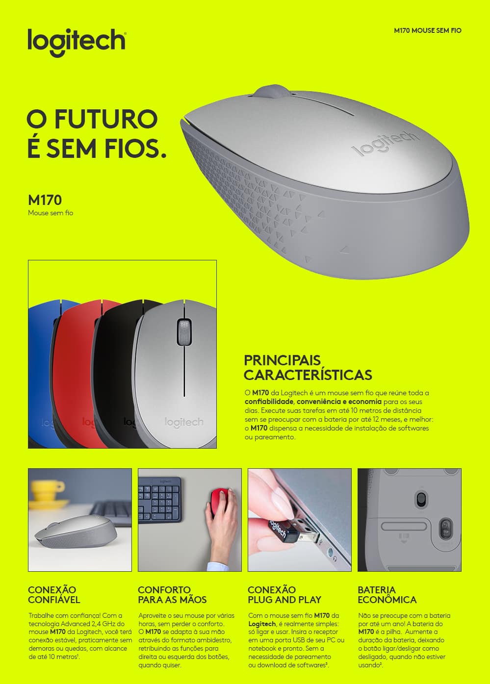 Mouse sem fio Logitech M170 com Design Ambidestro Compacto, Conexão USB e Pilha Inclusa - Azul