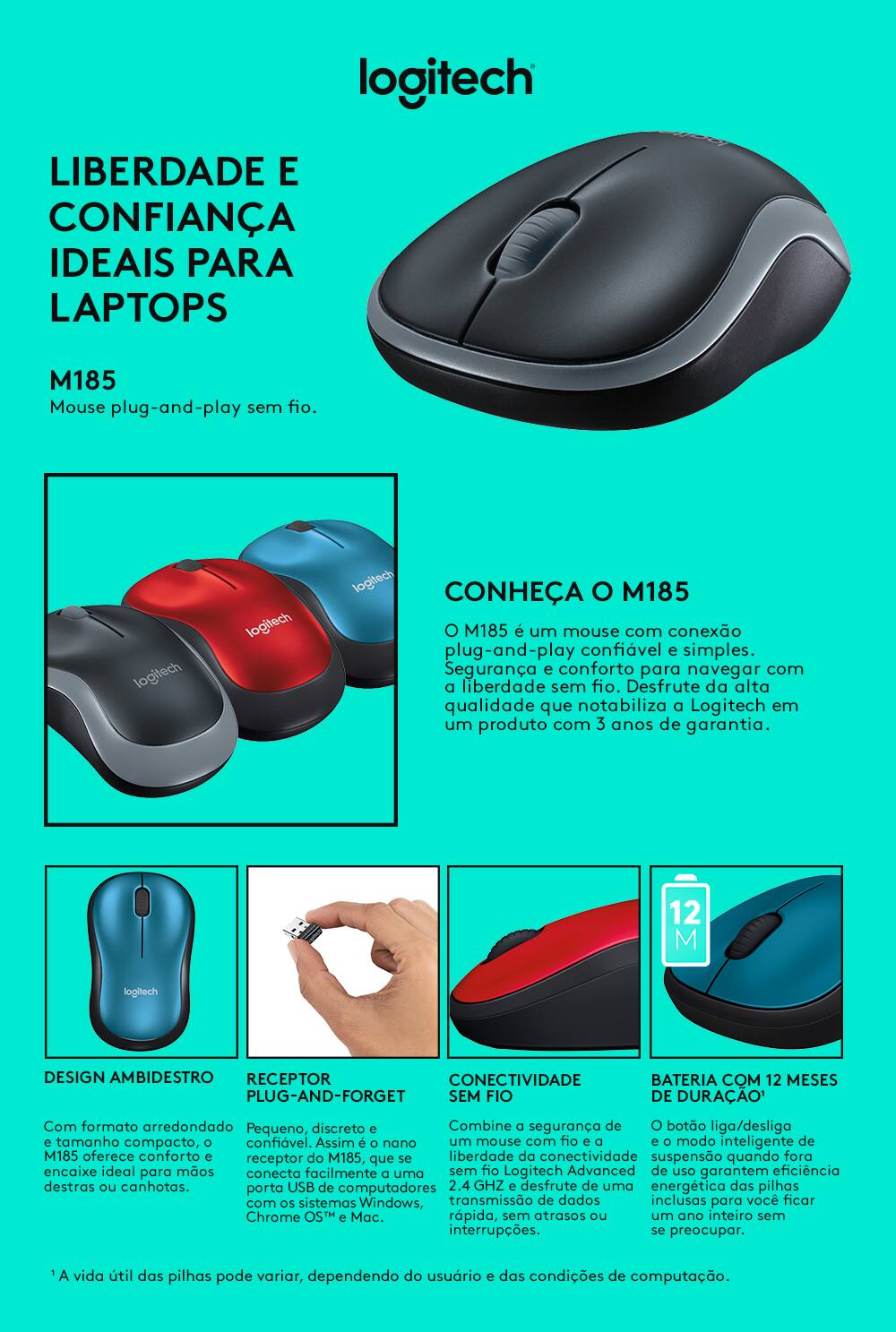Mouse sem fio Logitech M185 com Design Ambidestro Compacto, Conexão USB e Pilha Inclusa - Azul
