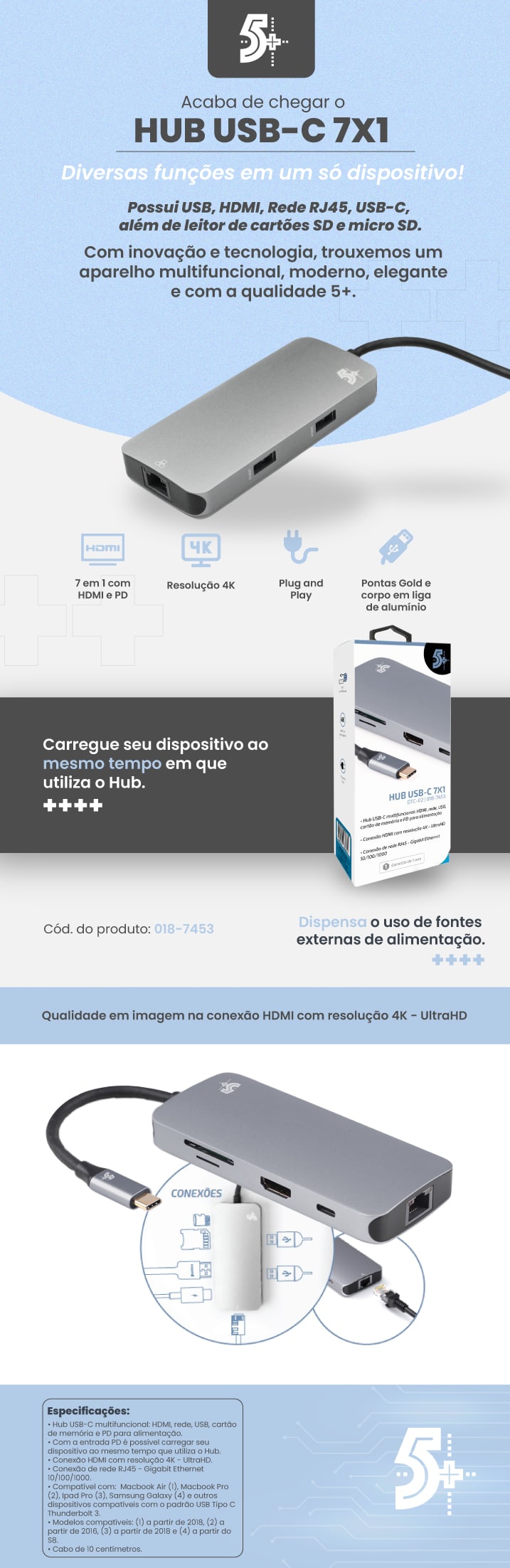 Hub Essager Adaptador 7x1 Usb-c Hdmi 4k Usb 3.2 Pd 60w Sd Tf - Hub