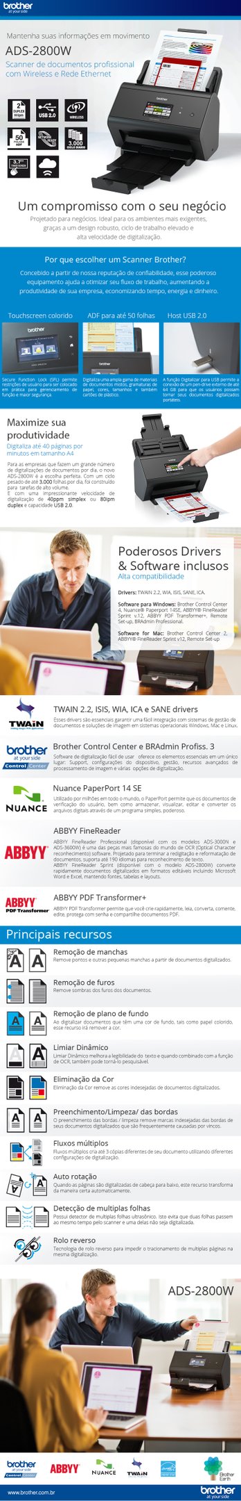 Scanner de mesa corporativo ADS2800W, Touchscreen, Duplex, Wi-Fi, Ethernet, Brother 