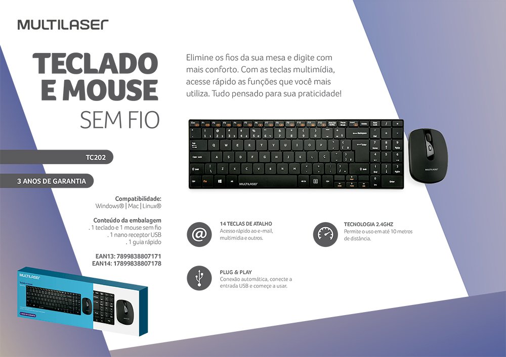 Kit wireless multimidia (teclado/mouse) TC202 Multilaser