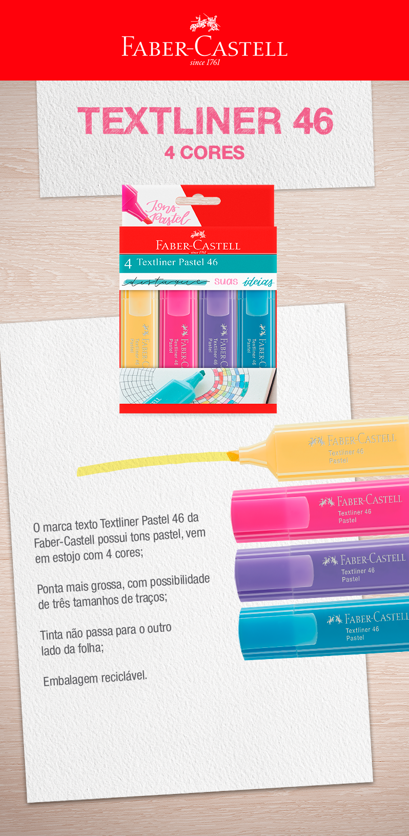 Marca Texto Textliner Pastel Estojo com 4 Cores - 4 Un - Faber-Castell